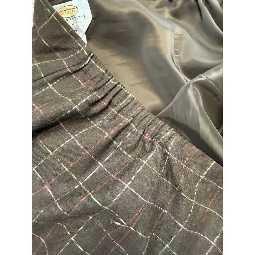 TALBOTS Wool Stretch Pencil Skirt Lined Slit Windowpane Check Brown